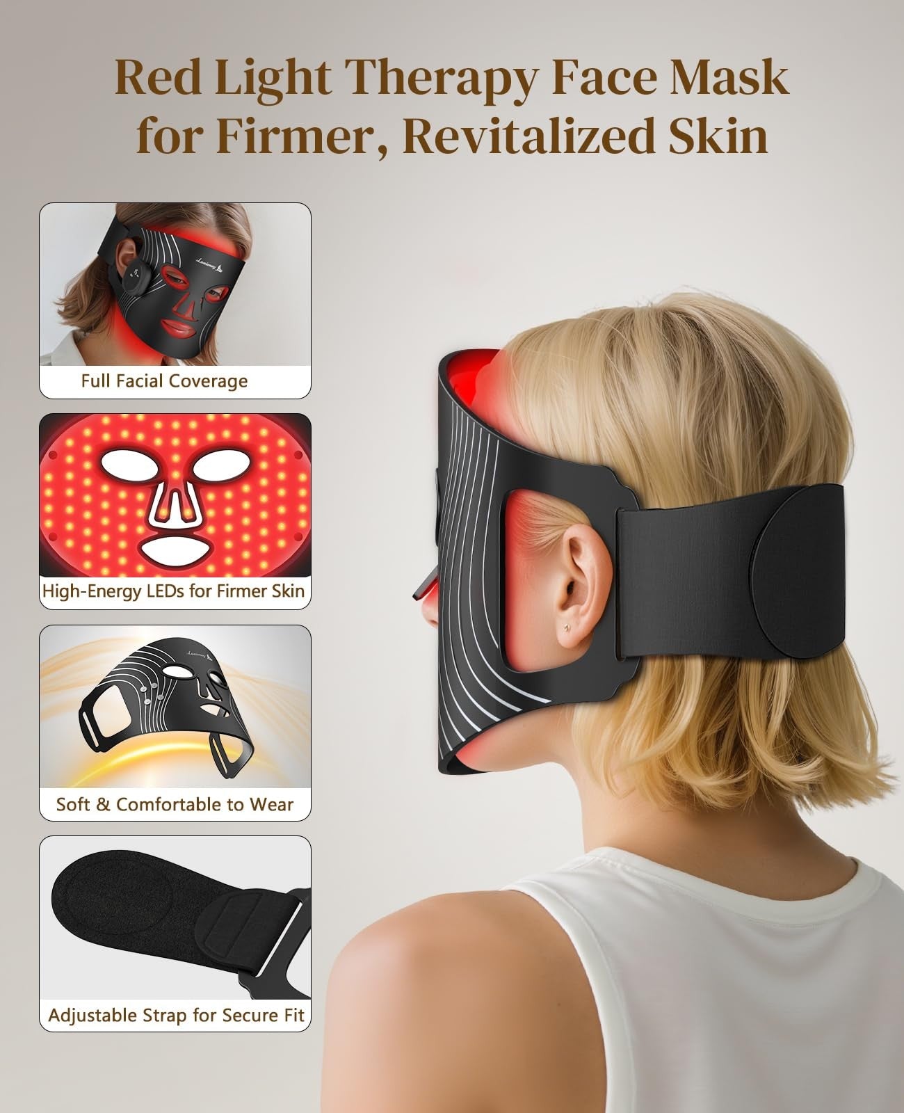 LED face mask red light therapy close up - PeakForm